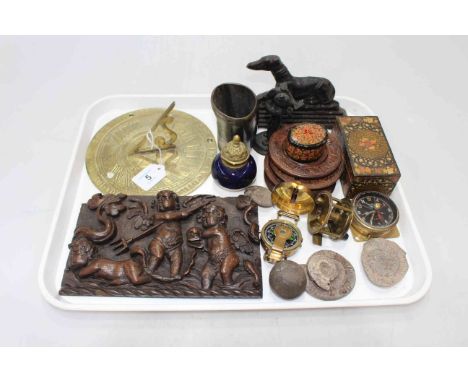 Tray lot with fossils, cherub carved piece, metal greyhound and figure, sundial, barometer, etc.