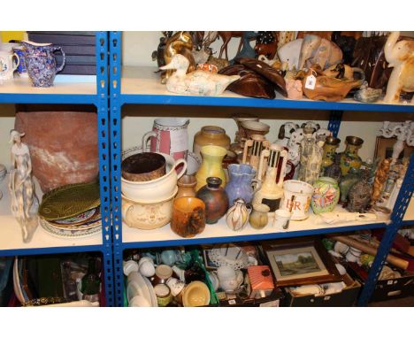 Collection of pottery and Oriental wares including cloisonne vases, Nao, Lladro, Carlton Ware, Staffordshire dogs, Paragon lo