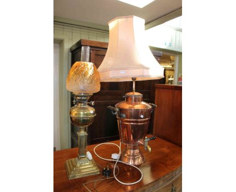 Victorian brass oil lamp with an orange etched shade, 70cm, and a copper samovar lamp, 88cm. Both converted to electric 