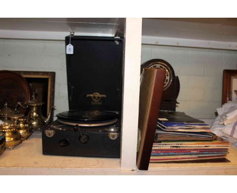 Wind-Up gramophone, stool, mantel clock, mirror, records, etc.