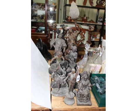 Collection of ten spelter figures including Royalty, Jockey, lamp with shade, etc.