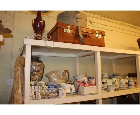 Collection of teawares, lustre shell shaded wash bowl and jug, commemorative china, glass, cases, lamp, fur coat, etc.