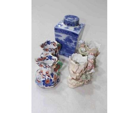Pair Masons Ironstone china octagonal jugs, pair figure posies, and Ringtons caddy (5).