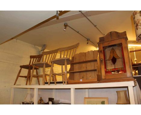 Three beech farmhouse style kitchen chairs, leaded glazed door pine wall cabinet and pine wall shelf (5).