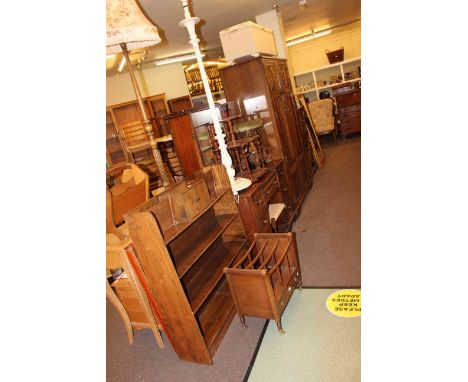 Oak open bookcase, standard lamp, part Victorian whatnot, Victorian piano stool, rush seated stool, ottoman, Canterbury and r