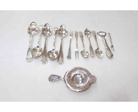 Odin Damaas silver flatware, and strainer, pickle fork and bottle opener, 13 pieces.