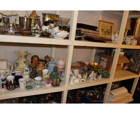Collection of Oriental wares, meat plates, Royal Doulton owl figurines, Nao ducks, prints, mirror, cigarette cards, etc.