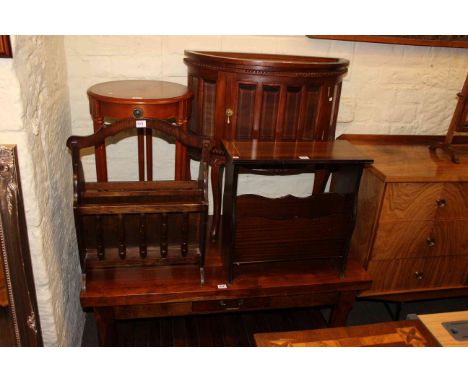 Rectangular hardwood coffee table, Demi-lune cocktail cabinet, lamp table and two magazine racks (5).