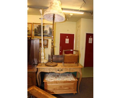 Oak console table, pine blanket box, standard lamp and shade, magazine rack and folding card table (5).