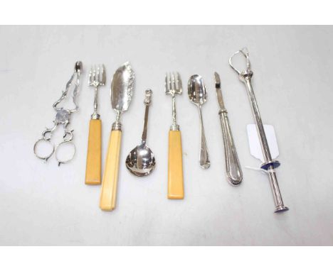 Pair Georgian silver sugar nips, together with other flatware and enamel EP mechanical tongs, eight pieces.