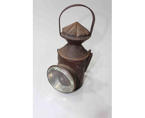 Vintage hand held railway lamp with tri-colour lens. 