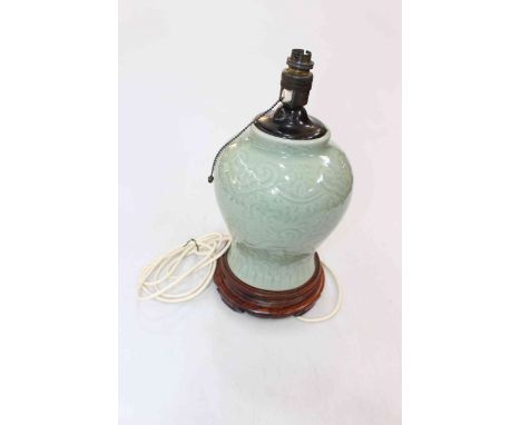 Chinese Celadon green pottery lamp, 40cm high.