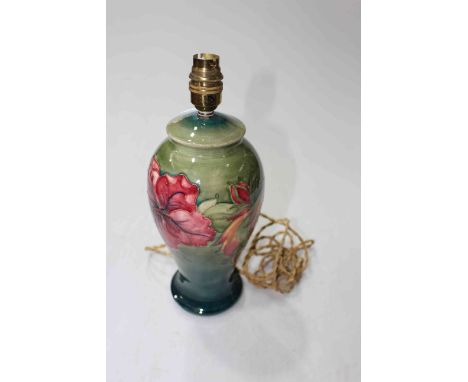 Moorcroft Pottery Hibiscus table lamp, shaded blue/green ground, 26cm to top of pottery.