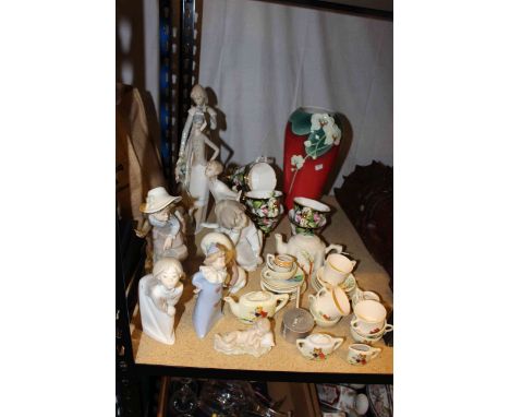 Six Lladro figures including 1195, 4961, A20, B-2M, two Nao figurines, Spanish figure, Franz floral vase, six Royal Albert la