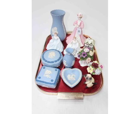 Three Coalport ladies and cottage, Wedgwood Jasperware pieces, posies and Goebel cat.