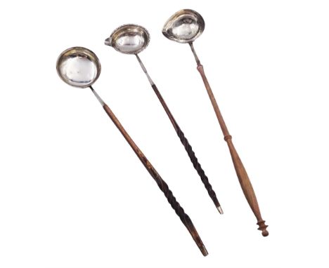 Georgian toddy ladle with silver tapering oval bowl and later turned wooden handle, engraved with initials to underside of bo