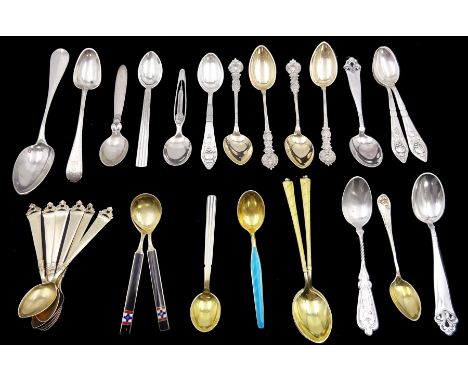 Collection of silver and silver-gilt coffee spoons, including Norwegian and Danish silver examples by George Jensen and ename