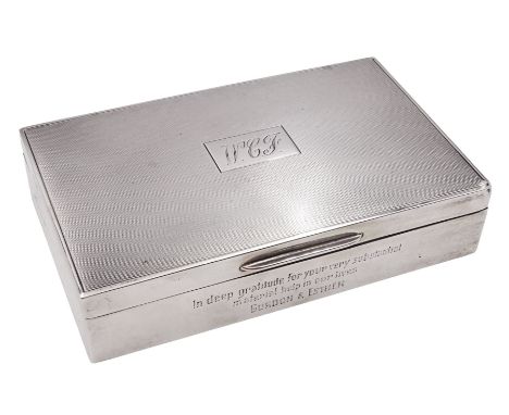 Modern silver mounted cigarette box, of rectangular form, with personal enraving to front and engine turned decoration and in