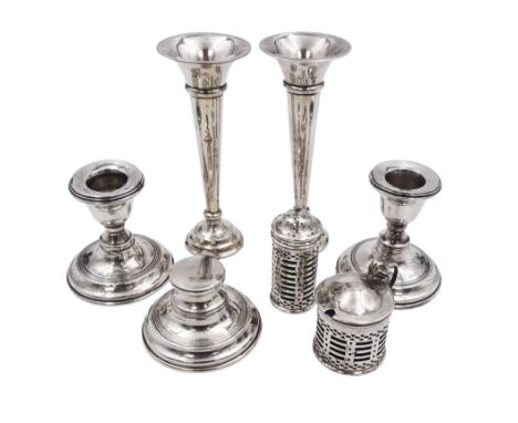 Group of early 20th century silver, to include a pair of specimen vases, of plain trumpet form, upon knopped stem and filled 