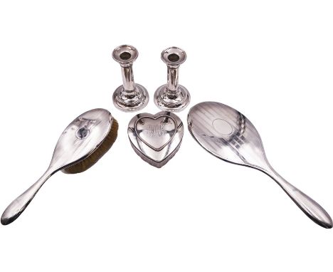 American cut glass dressing table box with silver cover, probably late 19th century, of heart shape, the silver cover with en