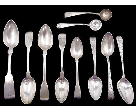 Collection of nine 19th century silver spoons, including a Fiddle pattern teaspoon with bright cut decoration, hallmarked Geo