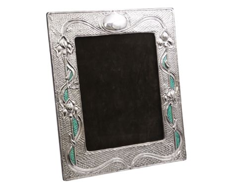 American Art Nouveau silver mounted photograph frame, of rectangular form, with oblique gadrooned rims, embossed iris flowers