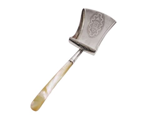 George III silver caddy spoon, of shovel form, with engraved foliate decoration and mother of pearl handle, hallmarked Willia