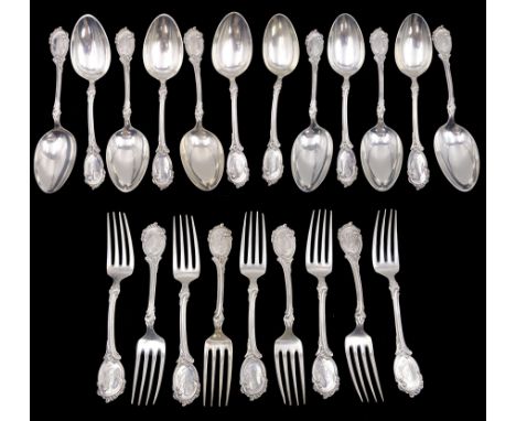 Early 20th century Danish silver flatware, comprising set of twelve table spoons and nine table forks, each embossed with scr