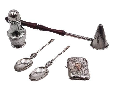 Group of silver, comprising 1930s pepper, of typical plain form, hallmarked Harrods Ltd, London 1938, together with an Edward