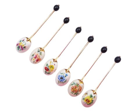 Set of six modern silver-gilt coffee bean spoons, each with enamel floral design to underside of bowls, hallmarked Turner &am