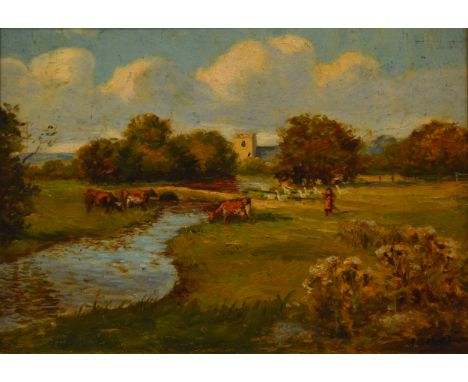 A Deden, Two chickens in a barn, Signed oil on board, 17 x 23cm, another oil of cattle in a lowland meadow with church, 21 x 