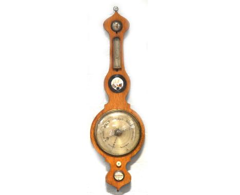 Victorian oak barometer, silvered dials, signed Winterhalder, Leicester, 104cm.