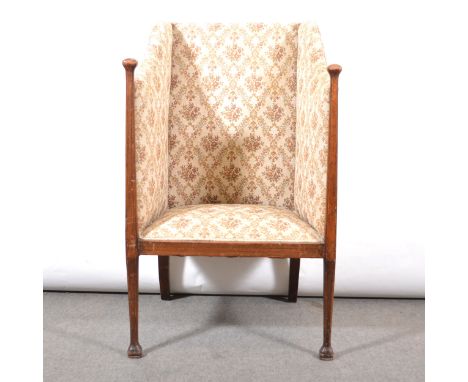 Edwardian mahogany high-back easy chair, tapering arms, inlaid frieze, tapestry style upholstery, width 70cm, depth 68cm, hei