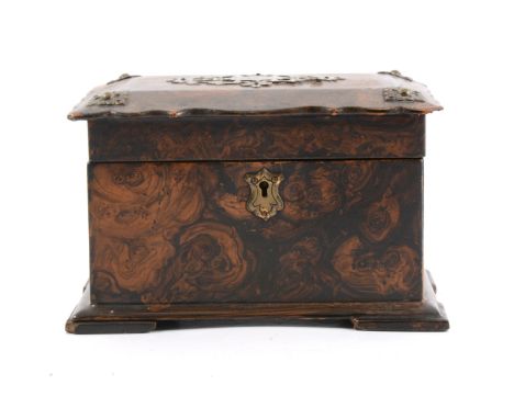 Victorian paper mache wood effect tea caddy, serpentine lid, two lids inside, bracket feet, width 17cm.