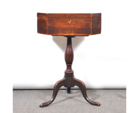 George III mahogany pedestal work table, adapted, rectangular top section with canted corners, turned column, tripod legs, th