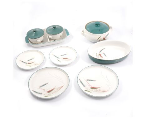 Denby Greenwheat dinner service, including six dinner plates; six dessert plates; nine tea plates; two lidded vegetable turee