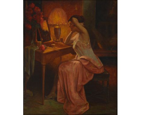 Scottish School, Lady in a boudoir, indistinctly signed, titled verso in pencil 'Portrait of Mrs Strom [?] taken in Edinburgh