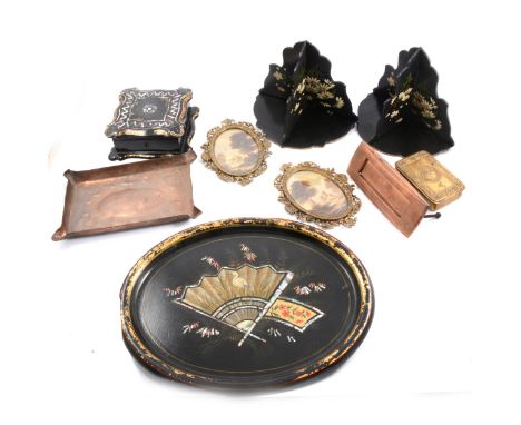 WWI 1914 Christmas tin, KSIA style copper tray, paper mache tray and shelf, pair of miniatures, letterbox, etc.