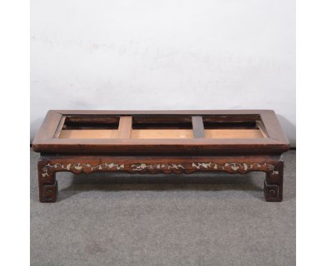 Chinese carved hardwood scholar's table, inlaid decoration, lacking marble panel, substantial damage, 46x30cm, height 16cm.