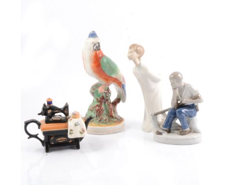 Lladro figure of a boy in a nightgown, 20cm; a West German figure, elderly farmer with scythe, 15cm; a Staffordshire model of