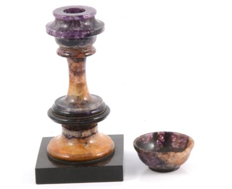 Derbyshire Fluorite Blue John candlestick, concave column with knop on square black base, overall 16cm, 6cm diameter Blue Joh