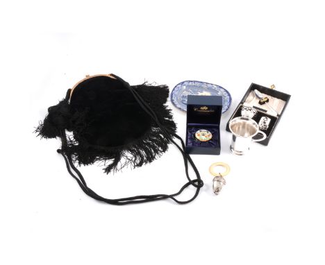 A vintage black velvet evening bag with fringe, vintage boxed linen, cased fish eaters and fruit set, boxed Crummles enamel b