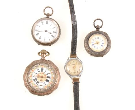 Two open face fob watches, both with scroll and foliate cases, marked .935, key wind, an open face pocket watch, 32mm coloure