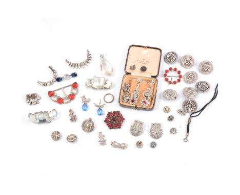 Collection of vintage paste set jewellery, buttons, pendant drop earscrews, dress clip, buckles.