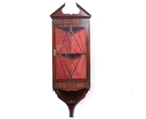 Victorian mahogany hanging corner cabinet, Chippendale style, architectural pediment, blinf fretwork frieze, glazed door encl