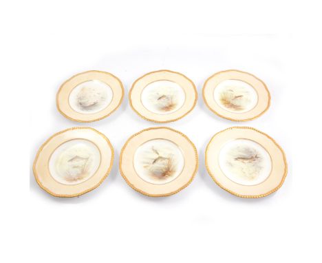 Set of six Coalport fish design plates with gilded rims, pattern number 8328, Chub; Dace; Pike; Roach; Trout; Pike, supplied 