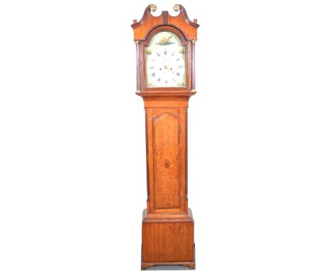 Oak and mahogany longcase clock, swanneck pediment, the hood with fluted columns, long arched door flanked by quarter columns