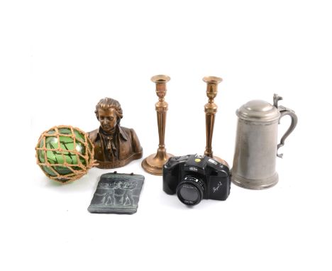 Aneroid wall barometer, and other metalware and stoneware flagon, bellows, candlesticks, pewter tankard, plaster bust, etc