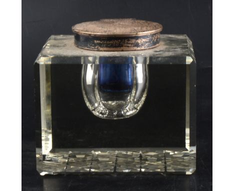 Heavy square glass inkwell with silver cover by John Grinsell &amp; Sons. Birmingham 1935, chamfered sides, cut hobnail base,