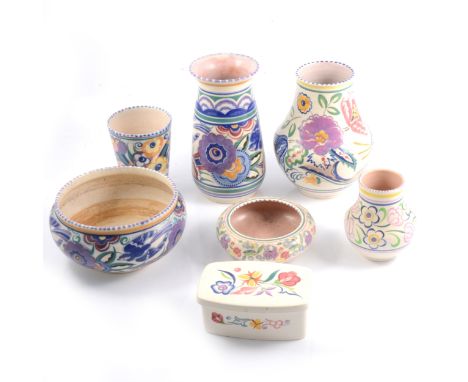 Collection of Poole Pottery, including vases, jugs and bowls, including some 'Blue Bird' pattern wares, some damages.